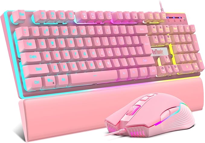 RedThunder K10 Wired Gaming Keyboard and Mouse and Wrist Rest Combo RGB Backlit Mechanical Feel Anti-ghosting Keyboard + 7D 7200 DPI Mice+Soft Leather Wrist Rest 3 in 1 PC Gamer Accessories(Pink)