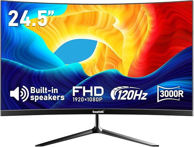 Gawfolk 24.5 Inch Gaming Curved Monitor Built-in Speakers 3000R 120Hz PC Screen Full HD 1080P HDMI 2.0 VGA Wall Mount Compatible 75 * 75mm