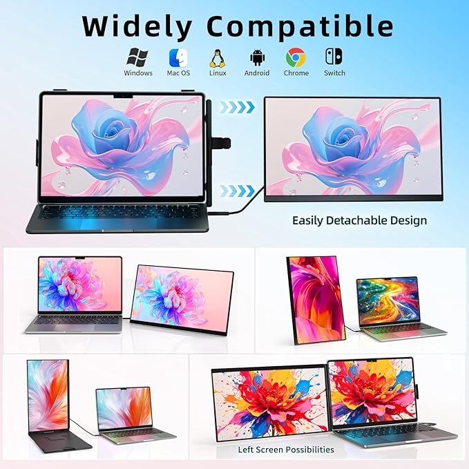 Laptop Screen Extender Dual Monitor - 15.6 Portable Monitor Detachable IPS 1080P FHD 85% NTSC Travel Screen USB-C HDMI Port Compatible with Wins Mac Chrome Dex Fits 13-17 Laptops