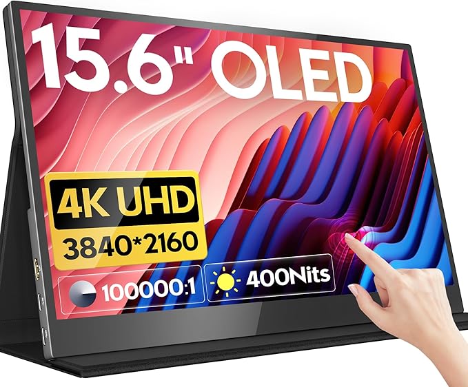 HONGO 4K OLED Portable Monitor 15.6 Inch Touchscreen UHD 3840X2160 100% DCI-P3 100000:1 Multi-Touch HDR USB-C HDMI Travel Monitor for Laptop PC Phone Mac Xbox PS5/PS4