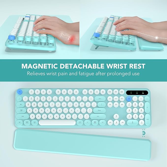 Wireless Keyboard Round Keycaps Retro Typewriter Keyboard with Detachable Wrist Rest Sleep Mode Foldable Legs 2.4GHz Full-Size Cordless Computer Keyboard for Windows/PC/Laptop (Tiffany Blue)