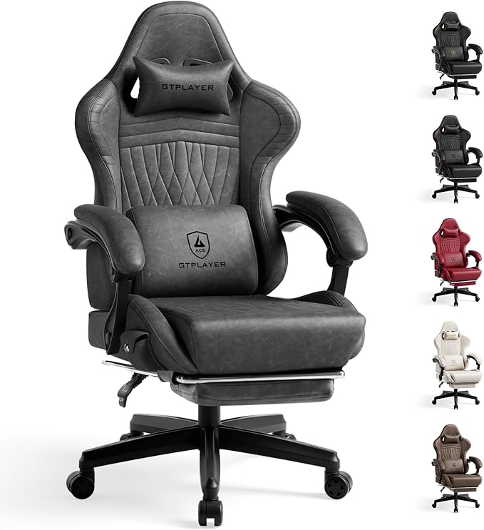 GTPLAYER Gaming Chair with Speakers Video Game Chairs with Footrest PC Gamer Chairs for Adults - Padded High Back Ergonomic Reclining Silla Gamer Linkage Armrest Ace Pro Grey
