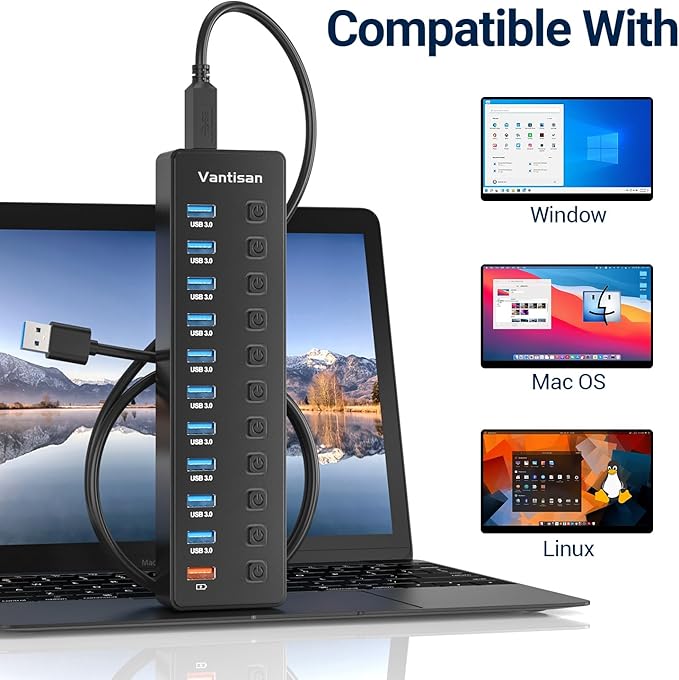 Powered USB Hub 11-Port USB 3.0 Hub Splitter - 10 USB 3.0 Data Transfer Ports + 1 Smart Charging Port USB Hub 3.0 Powered with Individual LED On/Off Switches and 5V/4A Power Adapter