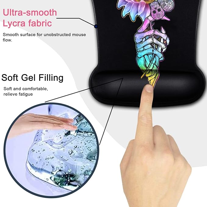 Ergonomic Mouse Pad and Keyboard Wrist Rest Set - Memory Foam Support Non-Slip PU Base Skulls &amp Sunflowers Black Gaming Design