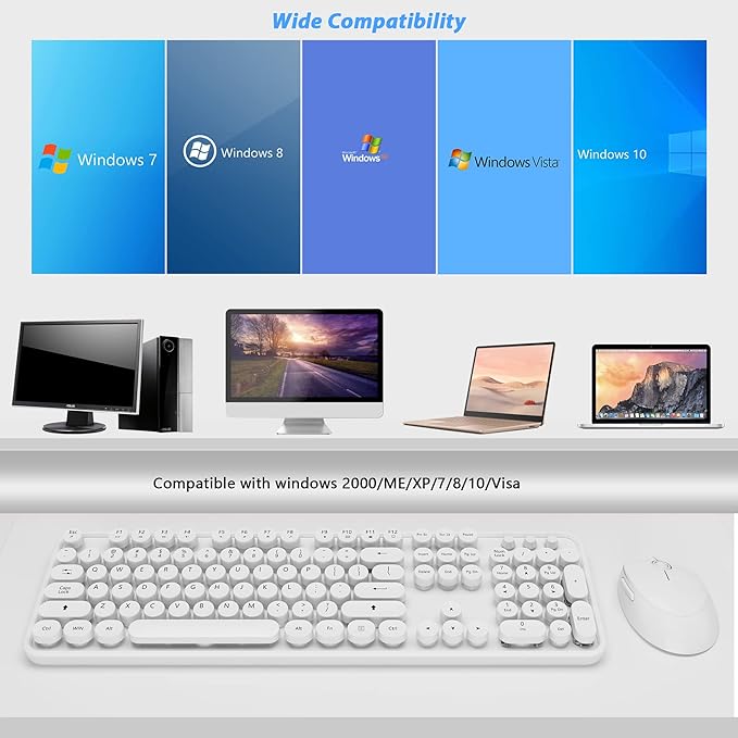 Wireless Keyboard Mouse Combo 104 Keys Cute White Keyboard with Number Pad &amp Mouse for Windows Computer PC Notebook Laptop (White)