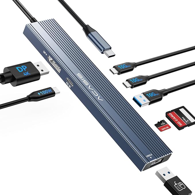 ACASIS USB C Hub with DP Port 10Gbps Multiport Adapter with 4K Display Port3*USB3.2 Gen2+USB2.0 480M/bps Data Port 100W Power Delivery SD/TF3.0 USB C to Displayport for Video Editors and More