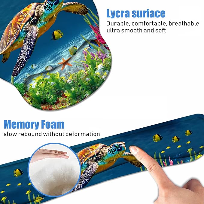 Keyboard Wrist Rest + Mouse Pad Wrist Support Set with Coasters Non-Slip PU Base Ergonomic Mousepad for Home Office Working Studying Easy Typing &amp Pain Relief Sea Turtle