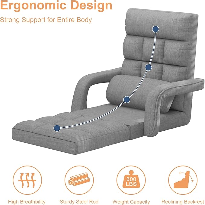 Floor Gaming Chair with 6 Adjustable Position Foldable Lazy Sofa Chair with Armrest for Adult Comfy Chaise Lounge Indoor Breathable Floor Bed Sleeper for Bedroom Yoga Dorm