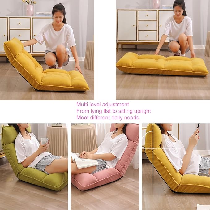 Floor Chair Folding Sofa Chair with 5 Adjustable Position Couch Recliner with Back Support Floor Gaming Chair for Adults(Yellow)