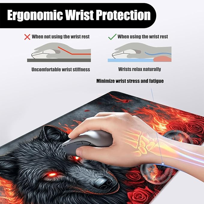 Mouse PadLarge Desk Mat Set 4in1 XL Mousepad + Keyboard Wrist Rest+Mouse Wrist Rest+Coaster with Ergonomic Desk Pad for Home Office Table Computer Cover -Wolf with Roses and Flames