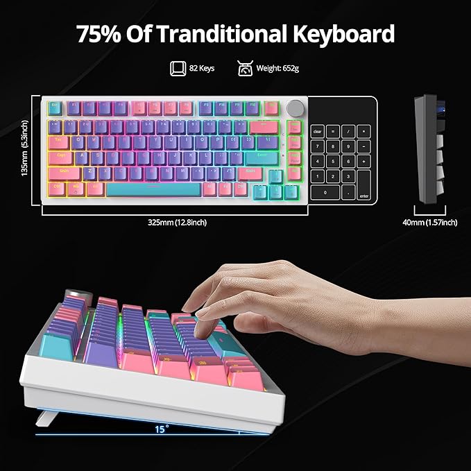 Guffercty kred 75% Gasket Mounted Gaming Keyboard Hot Swappable 82 Key RGB Backlit Wired TKL Mechanical Keyboard with Knob &amp Programmable Macros Custom Linear Switch for MAC Win (82 Purple)
