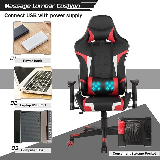 GYMAX Gaming Chair Massage Gaming Chairs for Adults with Headrest Lumbar Support &amp Armrest Video Computer Reclining Gaming Chair Office Desk Gamer Task Chair (Red)