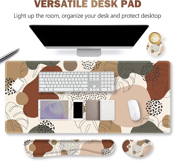 ARTSO Desk Pad and Keyboard Wrist Rest Large Gaming Mouse Pad+Keyboard Wrist Pad+Mouse Wrist Support 4 in 1 Desk Mat Protector for Office Home (Abstract Leaf)