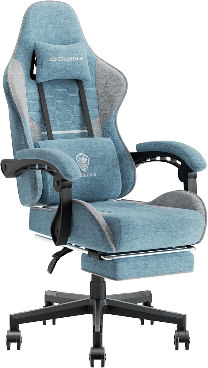 Dowinx Gaming Chair Fabric with Pocket Spring Cushion Massage Game Chair Cloth with Headrest Ergonomic Computer Chair with Footrest 290LBS Blue and Grey