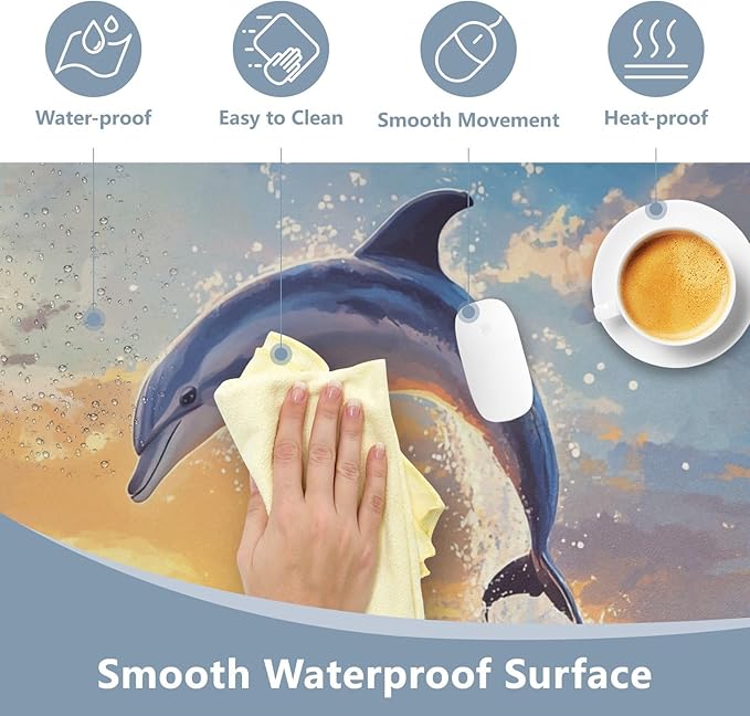 Mouse Pad Desk Mat Leather Desk Pad Large Gaming Desk Cover Protector Mat for Keyboard Computer Laptop Office Waterproof 47.2 x 23.6 Inch Dolphin Jumping Sunset Blue