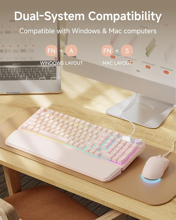 C98 Wired Keyboard and Mouse Combo Wired Computer Keyboards with Wrist Palm Double-Shot Keycaps Silent RGB Backlight Keyboard for Windows/MAC/PC (Creamy Pink)