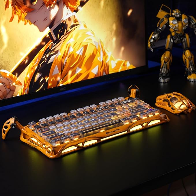 GravaStar Mercury K1 Pro Wireless Mechanical Gaming Keyboard Aluminum Alloy 75% Layout Hot-Swappable RGB Custom Keyboard with Linear Switches – Handcrafted Battle-Worn Yellow Edition