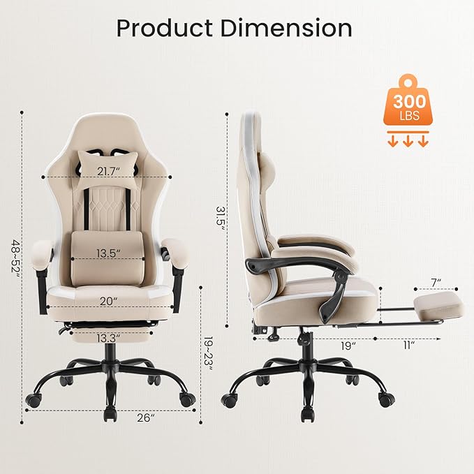 Sweetcrispy Computer Gaming Chair - High Back Ergonomic Desk Chair with Footrest and Lumbar Support Height Adjustable Task Chair with Linkage Armrests and Headrest 360°Wheels Fabric Khaki