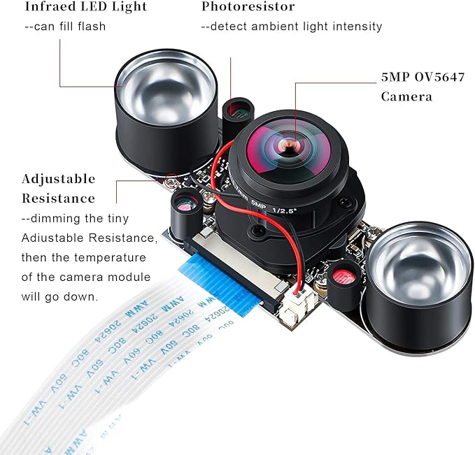 MakerFocus Raspberry Pi 4 Camera 5MP OV5647 Fisheye Camera Automatically Switching Between Day and Night Vision IR-Cut Webcam Compatible with Raspberry Pi 4B/3B+/3B/2B