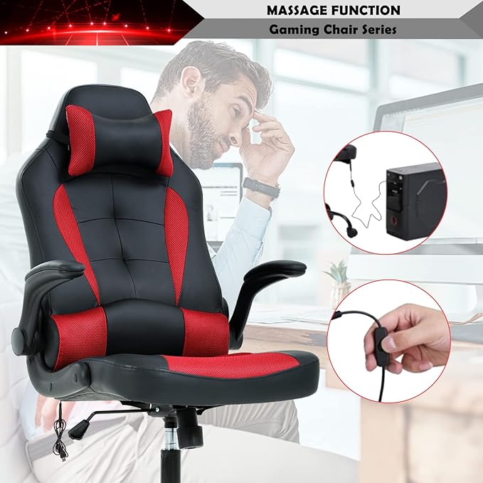 Gaming Chair Ergonomic Video Game Chair Computer High Back Office Desk Chair with Lumbar Support Adjustable Swivel Reclining Rolling PU Leather Game Chairs (Red and Black)