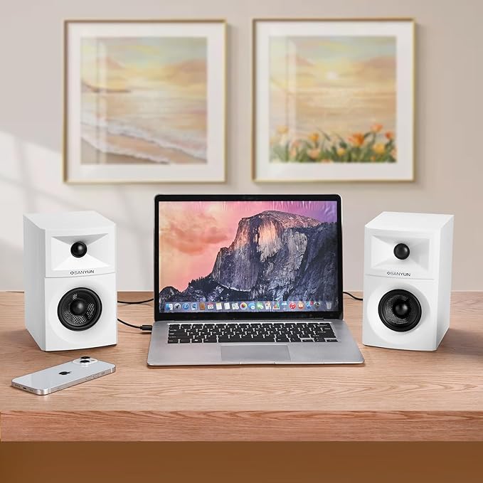 Sanyun SW203 4.0 Computer Speakers - 60W 4-Way DSP Control 3D Immersive Sound - 3 Carbon Fiber Woofer &amp 20mm Silk Dome Tweeter - 24bit DAC USB/Bluetooth 5.4/AUX - Studio-Grade Audio (Pair White)