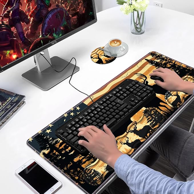 Ergonomic Keyboard Wrist Rest &amp Mouse Pad Wrist Rest Set Large XXL Gaming Desk Mat 31.5x 11.8 with Non-Slip Base Memory Foam Easy Typing Pain Relief for Home &amp Office American Flag Deer