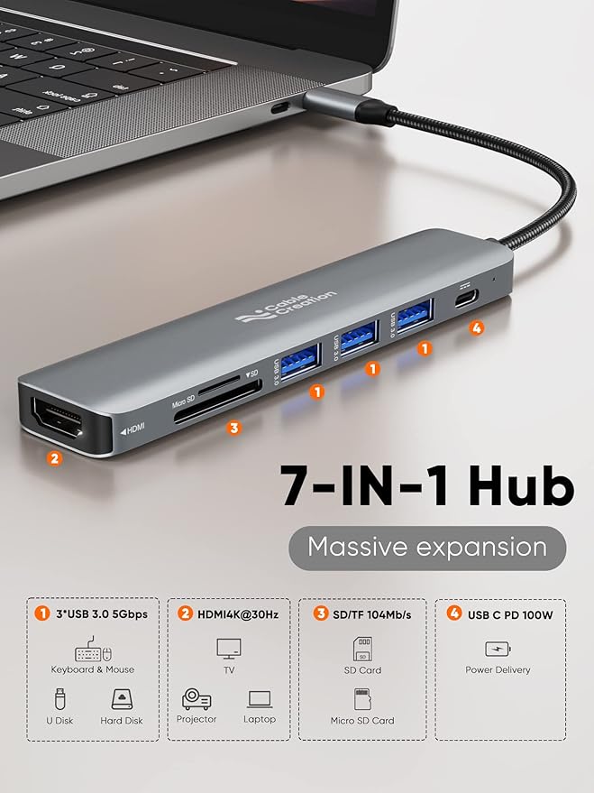 USB C Hub Multiport Adapter CableCreation 7-in-1 USB C HDMI Hub with 4K 30Hz HDMI 100W PD 3 USB 3.0 5Gbps Data Ports SD/TF Cards Reader for MacBook Pro/Air iPad Pro Pixelbook XPS