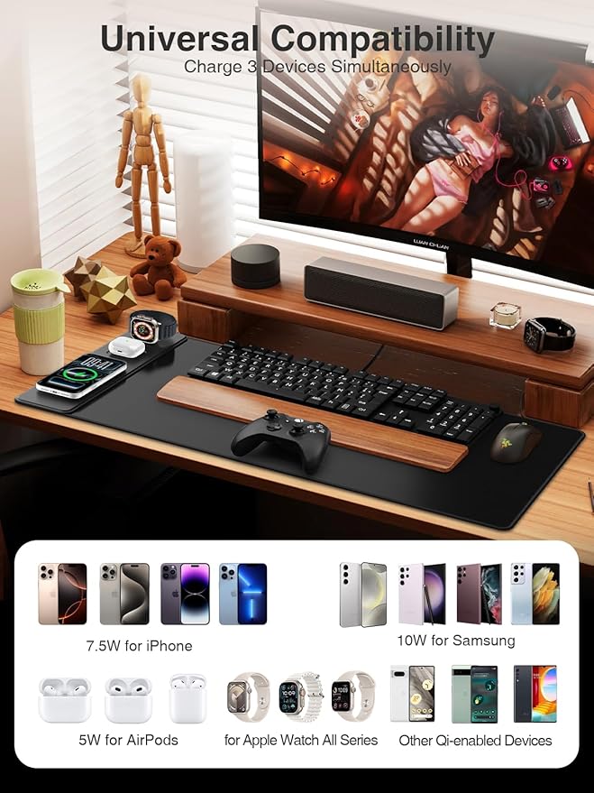 4-in-1 Mouse Pad with Magnetic Wireless Charging 31.5x15.8 Large Desk Mat for Laptop/Keyboard Waterproof Smooth Surface Non-Slip Base with Adapter