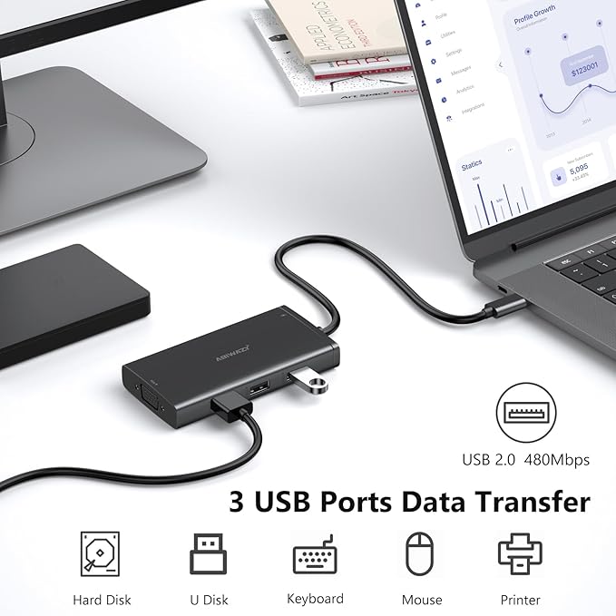 ABIWAZY USB C Docking Station Dual Monitor for HP Dell Lenovo Thinkpad Surface 8 in 1 Computer Multiple Monitor Hub Adapter to Dual 4K HDMIDisplayPortVGA 00W PD3 USB for Windows Laptops(Black)