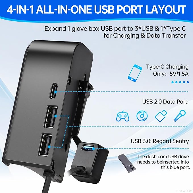 USB Hub for Tesla Model Y Juniper 2025 2026 Model 3 Highland 2024 2025 Glove Box to Screen Docking Station Glovebox USB 3.0 Expander for Dashcam Flash Drive Charging Data Transfer Game Music