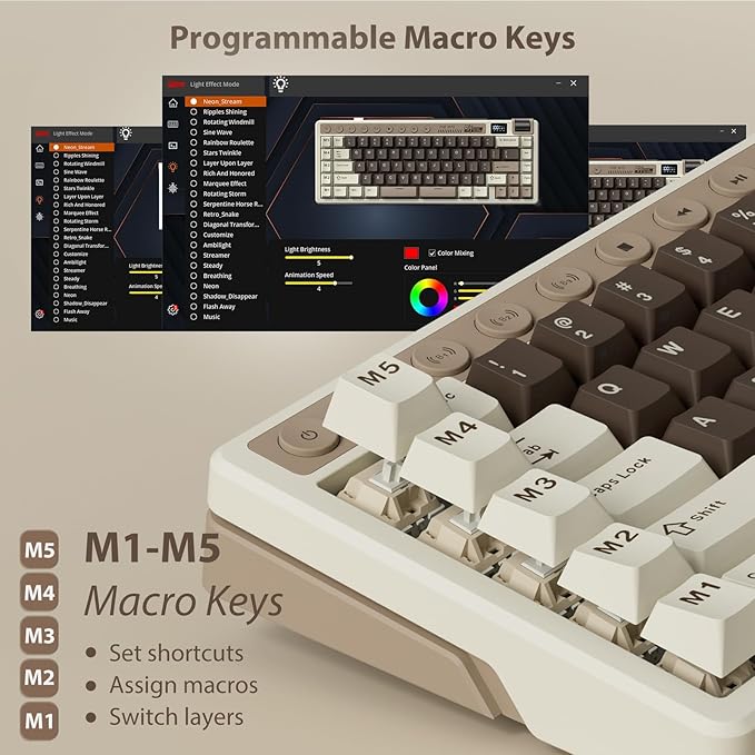 RK ROYAL KLUDGE M70 Wireless Mechanical Keyboard with Macro Keys 2.4GHz/Bluetooth/Wired 75% Gaming Keyboard with 6000mAh Battery Gasket-Mount Display &amp Knob RGB Hot-Swappable Linear Cream Switch