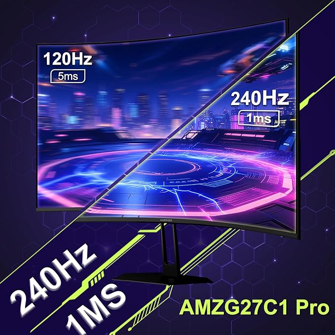 Amzfast 27 inch 240Hz Curved Gaming Monitor FHD 1080P Monitor Gaming with Upgraded Built-in Speakers MPRT 1ms with Fast VA Panel | 130% sRGB 4000:11500R | 12 Months Warranty Exchange