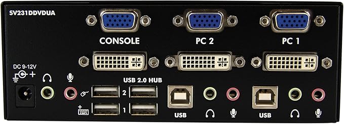 StarTech.com 2 Port KVM Switch - DVI and VGA w/ Audio and USB 2.0 Hub – Dual Monitor / Display / Screen KVM Switch - DVI VGA  TAA (SV231DDVDUA)
