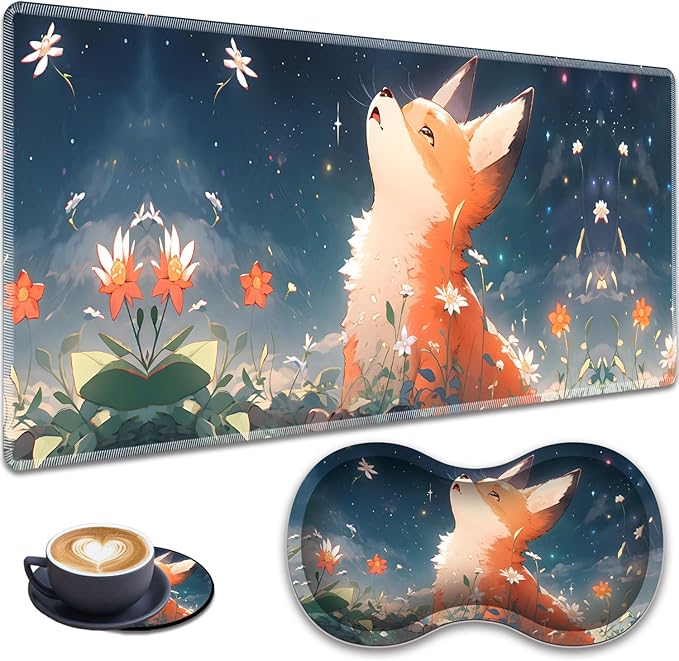 3-in-1 Large Mouse Pad Gaming Set (31.5 x 11.8 inch)+ Wrist Rest Pad + Coaster Memory Foam Gel Wrist Rest Pad for Pain Relief Stitched Edges Non-Slip Table Mat Red Fox Under The Stars