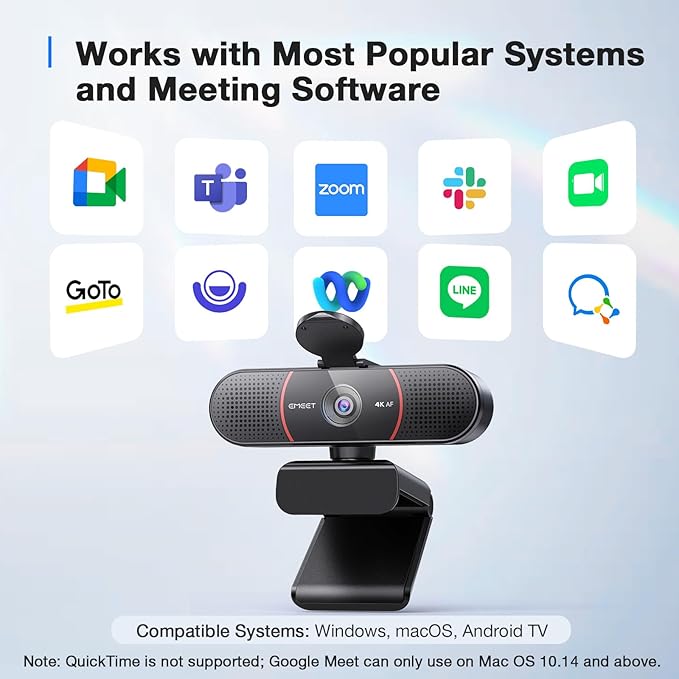 EMEET C960 4K Webcam with Tripod 4K UHD Sony Sensor 3 Adjustable Height Mini Tripod w/Privacy Cover PDAF Auto Focus Dual Noise-Cancelling Mics Auto Light Correction Perfect for Online Meetings