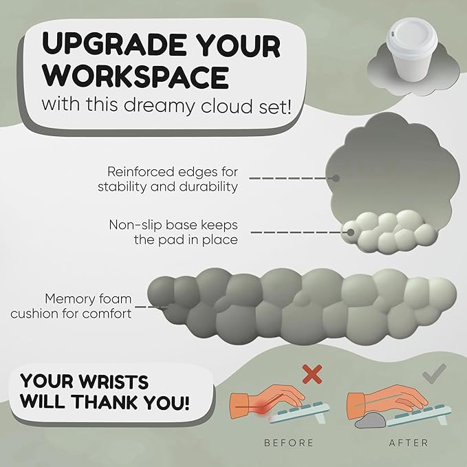 THONIV - Cloud Wrist Rest for Keyboard and Mouse Soft Memory Foam Support with Non-Slip Base Cute Cloud Design for Typing Gaming Office Bonus Coaster Included for Desk Aesthetic (Green Gradient)