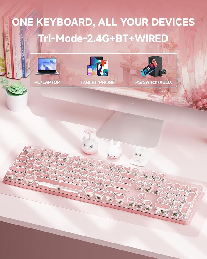 EWEADN TK950 Typewriter Keyboard Wireless Mechanical Keyboard 104 Keys Aesthetic Typewriter Keyboards with White Backlit Anti-Ghosting Blue Switch Bluetooth/2.4GHz/Wired Keyboards-Pink