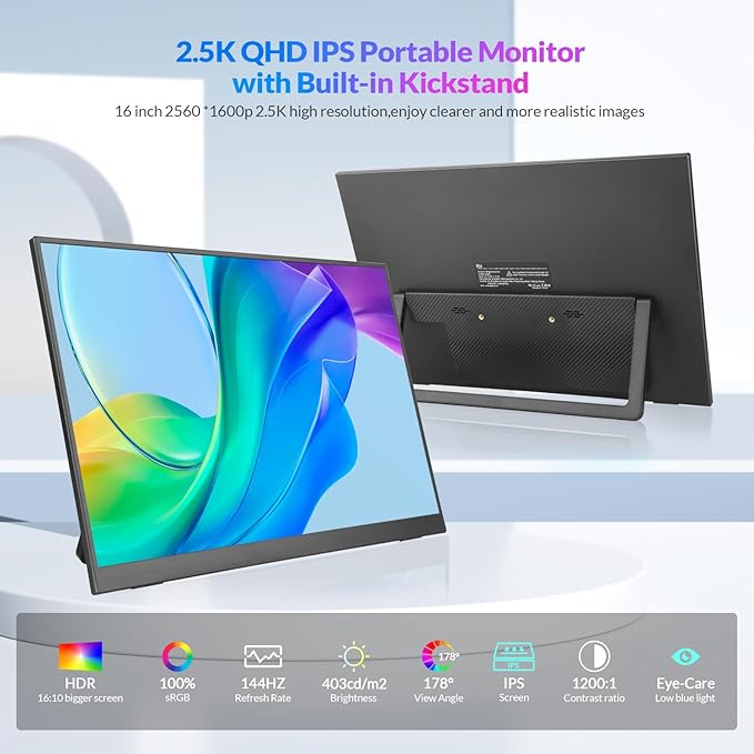 Rii Portable Monitor 16 Inch 144Hz QHD 2.5K 2560X1600 100% sRGB IPS HDR Computer Display with Adjustable Stand USB-C HDMI Gaming Screen for Laptop/PC/Phone/Mac/Xbox/Switch/PS4/PS5 VESA Mountable