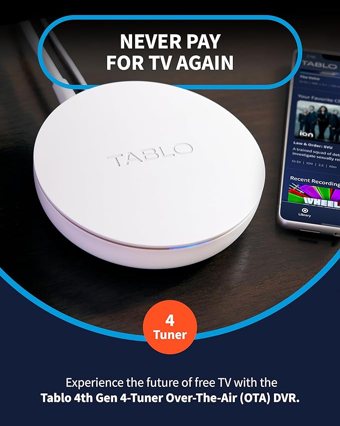 Tablo TV 4th Gen 4-Tuner Over-The-Air (OTA) DVR - Watch Pause &amp Record Live TV News Sports &amp Movies Throughout Your Home Over Wi-Fi - Pairs w/Any TV Antenna - 50+ Hrs Recording - No Subscri