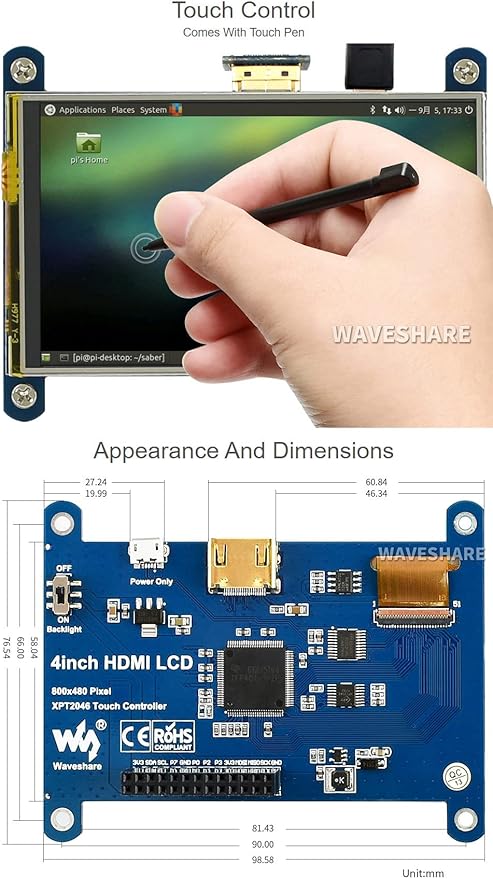 Waveshare 4inch Resistive Touch Screen LCD Compatible with Raspberry Pi 4B/3B+/3A+/2B/B+/A+/Zero/Zero W/WH/Zero 2W CM3+/4 480×800 Resolution HDMI IPS Low Power Consumption Supports Windows