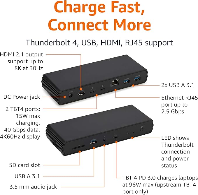 Amazon Basics Thunderbolt 4 Pro Docking Station Dual 4K Monitor Support 8K Display 2xTBT4 1xHDMI2.1 3xUSB A 3.1 RJ45 Ethernet Black 7.86 x 2.95 x 1.23 inches
