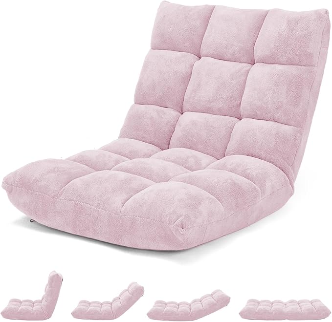 ARLIME Adjustable Floor Chair 14-Position Lazy Sofa Chair with Back Support &amp Thick Padding Portable Foldable Floor Couch for Adults Use in Bedroom Living Room Home Theater (Light Pink)
