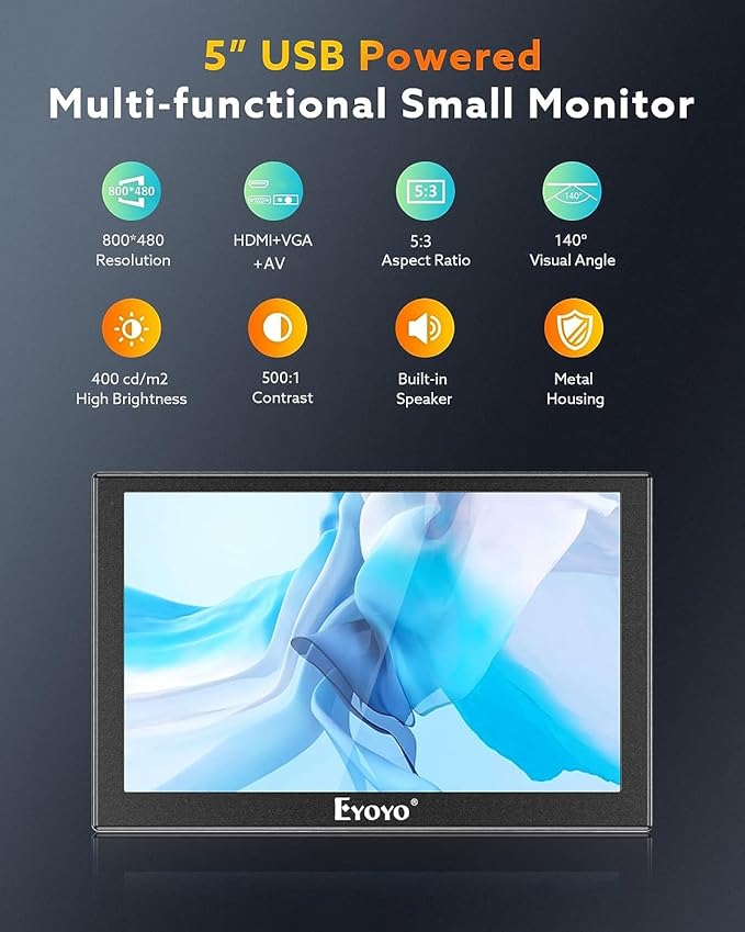 Eyoyo 5 inch Monitor 800x480 Mini TFT LCD Screen Small Camera Video Monitor 1/4 Screw Hole with HDMI/VGA/AV Video Input for Car PC DVD DVR CCD DSLR-140° Wide Angle Metal Housing