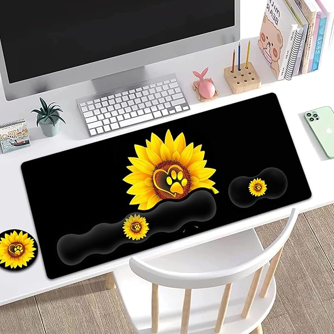 Gaming Mouse Pad Set Large Mouse Pad and Ergonomic Memory Foam Keyboard Wrist Rest Support Easy Typing Pain Relief Writing Mat Extended Office Desk Mat Sunflower Dog Paw Print Black Mouse Pad