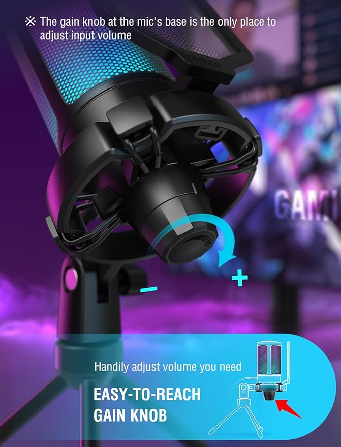 FIFINE Gaming USB Microphone for PC PS5 Condenser Mic with Quick Mute RGB Indicator Tripod Stand Pop Filter Shock Mount Gain Control for Streaming Discord Twitch Podcasts Videos- AmpliGame