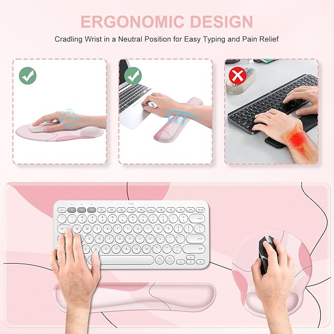 iCasso Large Gaming Mouse Pad Wrist Support Set Desk Mat 4in1 XXL Mousepad + Keyboard Wrist Rest+Mouse Wrist Rest+Coaster Set with Ergonomic Design for Home Office Table Computer-Pink Art