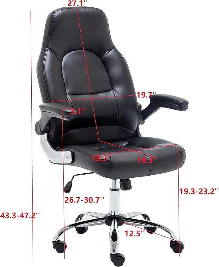 BTEXPERT Swivel Adjustable Black Home Office Gaming Chair Executive Flip up Arms with Lumbar Support Headrest PU Leather Executive High Back for Computer Adults Women Men