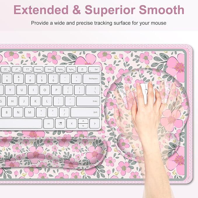 Floral Desk Mat 4in1 Large Mouse Pad with Wrist Rest Cute Desk Matt for Desktop Deskpad Mat Anti-Slip XXL Computer Ergonomic Mousepad with Wrist Support for Keyboard and Mouse I Pink Flowers