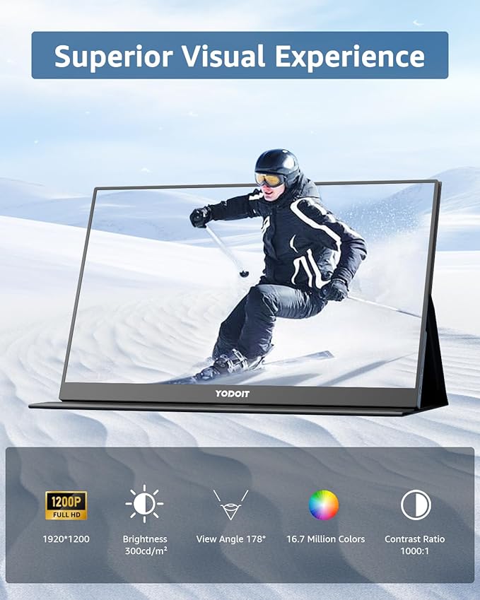Yodoit Portable Monitor for Laptop 1920×1200 16 FHD Screen IPS Display with USB Type C Port Built-in Speakers and Smart Cover Compatible with PC MacBook Xbox (Black)