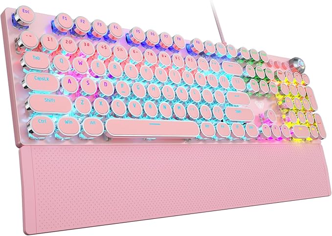 AULA F2088 Typewriter Mechanical Keyboard Pink Retro Wired Gaming Keyboard with Blue Switches Rainbow Backlit Round Keycaps Media Knob &amp Removable Wrist Rest